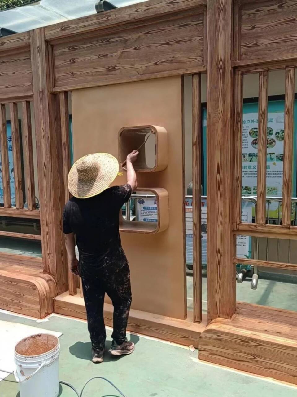 生态复古木纹漆，方钢圆管木纹漆，艺术涂料施工价格